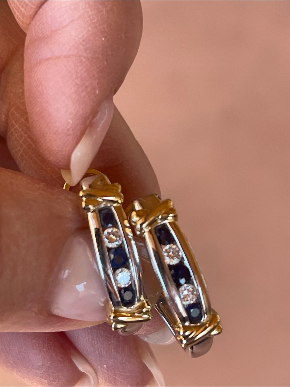 Channel Set Blue Sapphire and Diamond 14K White/Yellow Gold Earrings